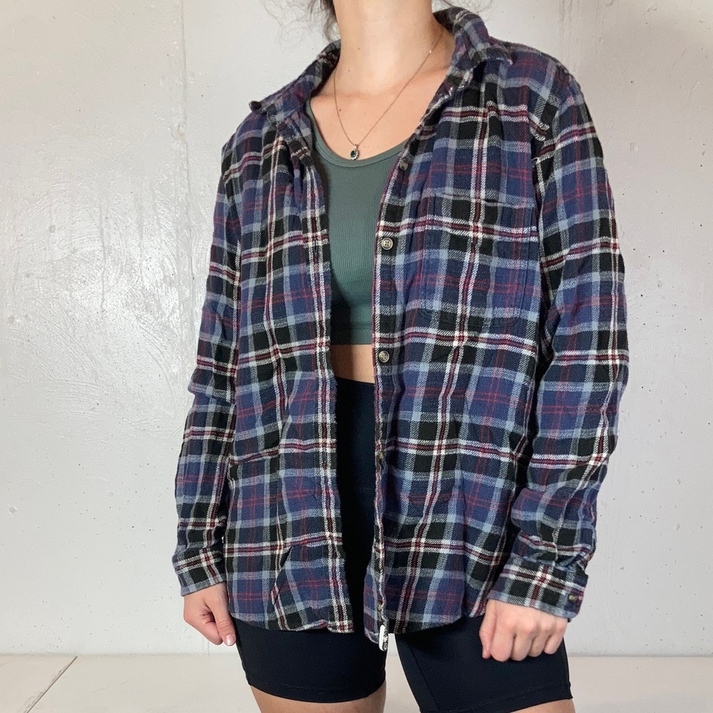 Soft American Eagle Blue + Black + White Grunge Boyfriend Fit Flannel Shirt